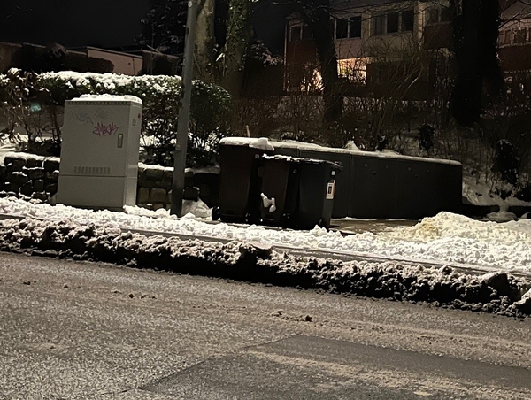 Im Winter zur Abfuhr bereitgestellte Abfallbehälter. Ein Schneewall zwischen Tonnen und Fahrbahnrand behindert das Heranrollen der Tonnen ans Sammelfahrzeug.