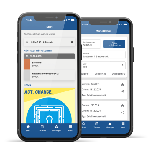 Zwei Handys, eines zeigt die Startseite der App, das andere die Startseite des Portals